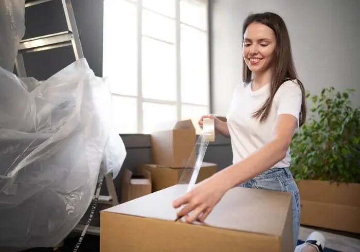 Woman sealing a cardboard box with tape during a move